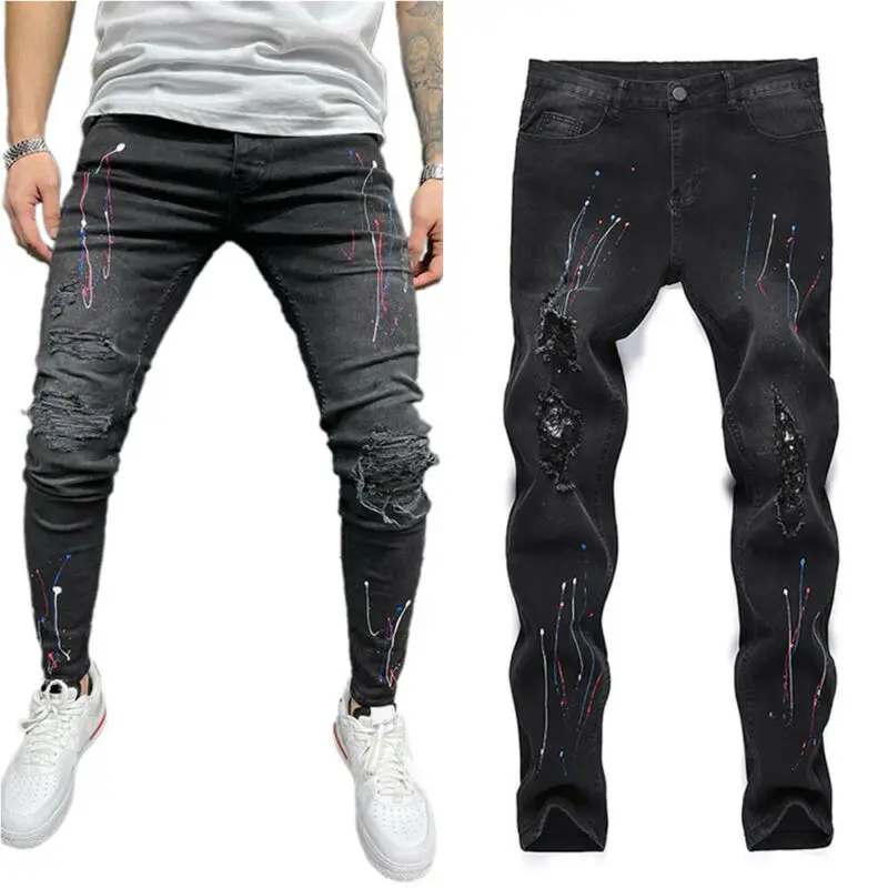 Мужчины в дырочку зауженные искусственно состаренные джинсы подходят джинсовые