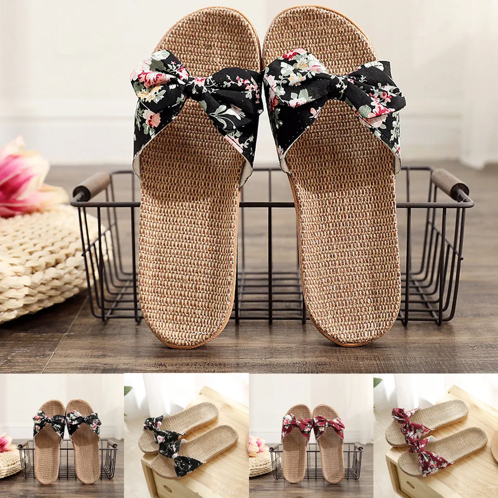 

Women Summer Flax Slippers Summer Casual Slides Beach Shoes Ladies Indoor Linen Slippers Bohemia Floral Bow Flip Flops Sandals