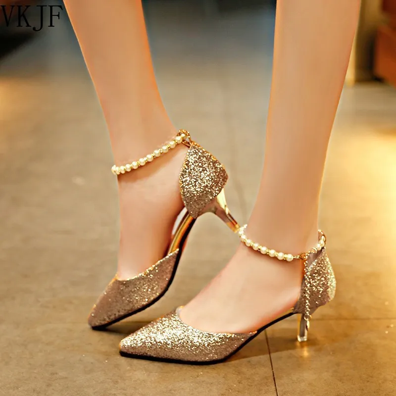 

Sexy Pointed Toe Pearl High Heels Shoes Female Fashion Hollow with Sandals Paillette of The Thin Breathable Shoes Women Pumps