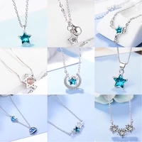 blue cubic zirconia star moon crystal pendants necklace for women korean fashion neck jewelry sweater chain necklace female gift