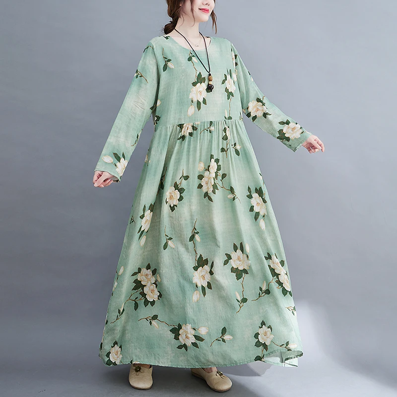 

Винтажное платье из хлопка и льна с длинным рукавом и круглым вырезом, зеленое осеннее платье для женщин 2022, повседневное свободное офисное ...