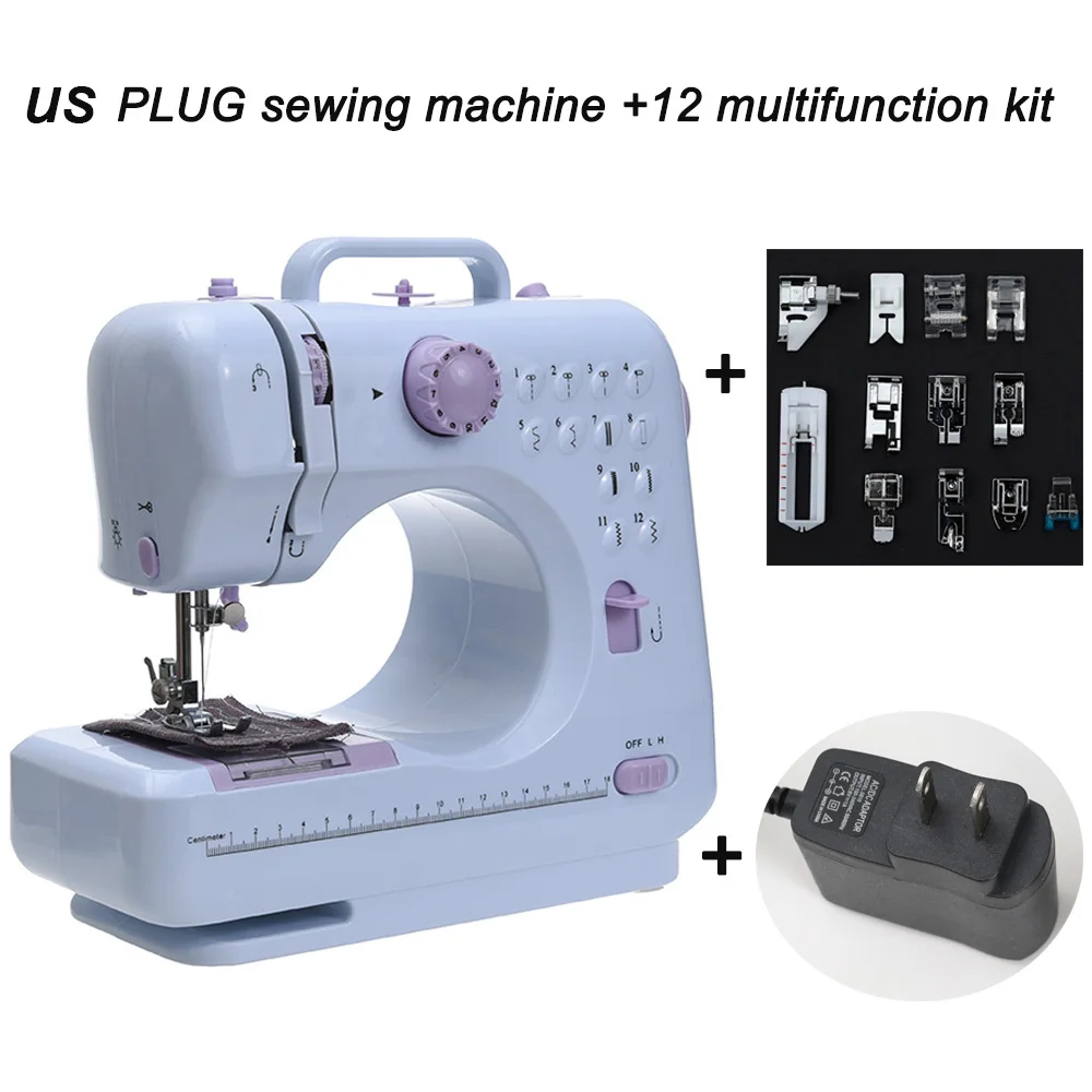 US with 12 kit Fanghua мини 12 стежков Швейные машины бытовые многофункциональные Двойная резьба и скорость свободная рука крафтинг машина для починки светодиодный - Цвет: US with 12 kit
