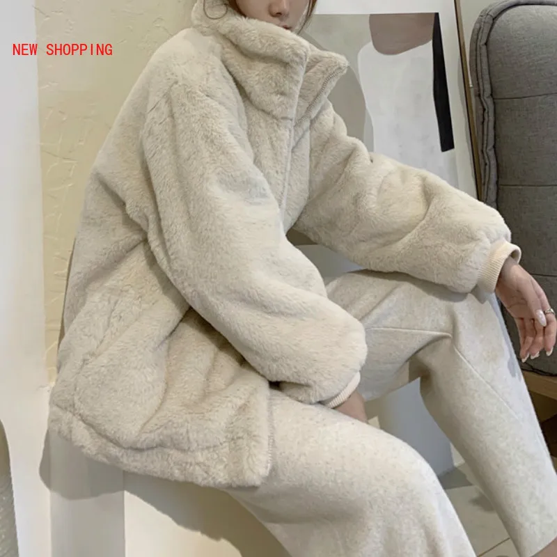 Beige Stand Collar Short Faux Fur Coat Thick 2022 New Winter Warm Plush Women's Jacket Korean Elegant Zipper Furry Outwear Pink