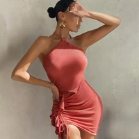 2021women fashion outfits summer drawstring ruched skirt 2 pieces matching set ruffle halter top and skirts sets