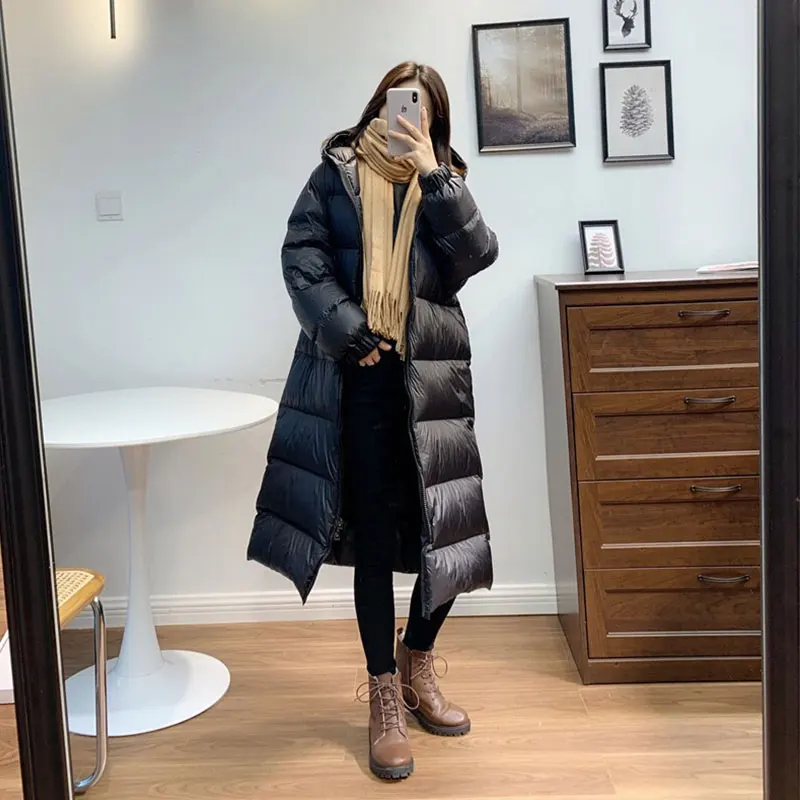 

Down Jacket Ladies 2021 Winter New White Goose Down Knee-length Mid-length Hooded Waterproof Thick Warm Windproof Coat LS159