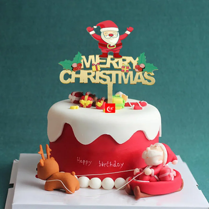 

Christmas Cake Topper Xmas Acrylic Gold Cake Decoration Insert Sign DIY Dessert Christmas Tree Santa Claus Elk Decoration Sign