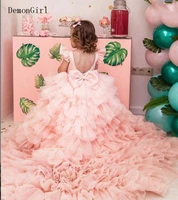 luxury hi lo tiered girl pageant gowns with long train backless flower girl dress for wedding kids birthday party gowns