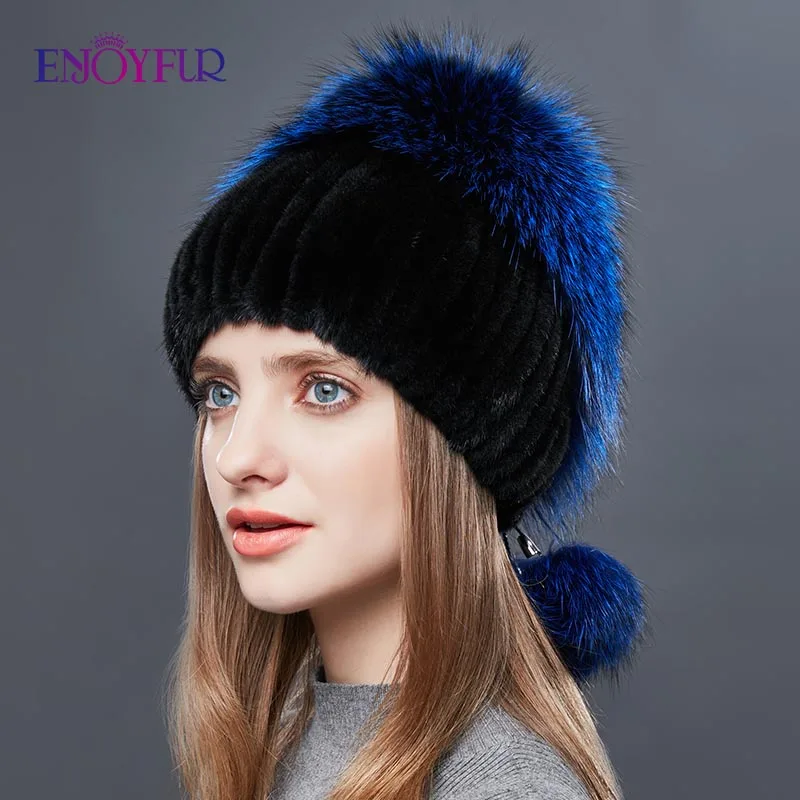 Enjoyfur реального норки Мех Помпоном Hat Женская мода смешивания Цвет лиса зима Шапки