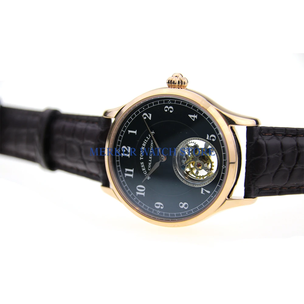 Часы мужские летающие механические с позолоченным черным циферблатом|Мужские
