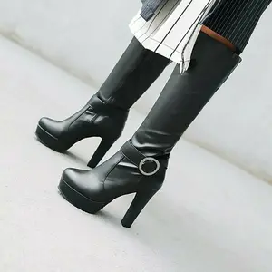 Autumn Ladies Knee High Boots Buckle Strap High Heels Platform Casual Shoes Size