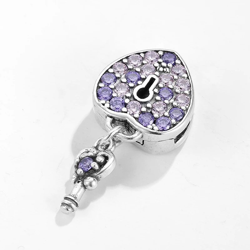 Новый 925 пробы серебряные блестящие Элегантность Фиолетовый Циркон Сердце ключ