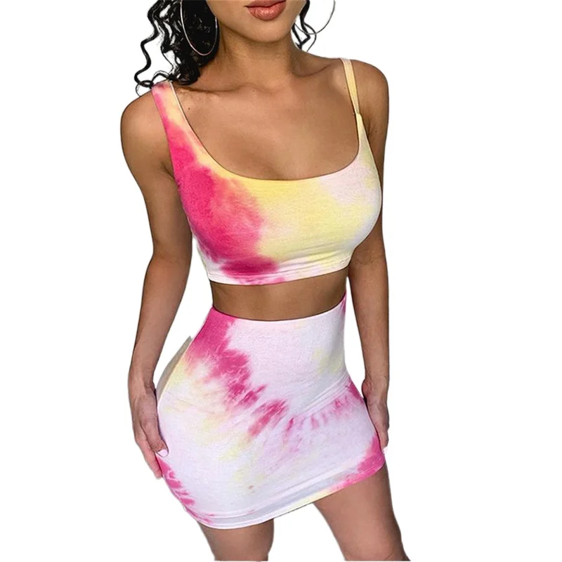 

Euro-American Hot Selling Suit Women 2021 Summer Sexy Women's Tie-dye Camisole Lace-up Hip Skirt Two-piece Dress