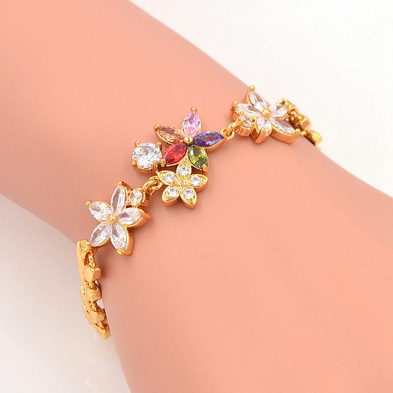 Модный женский золотой разноцветный циркониевый браслет с камнями и цветами
