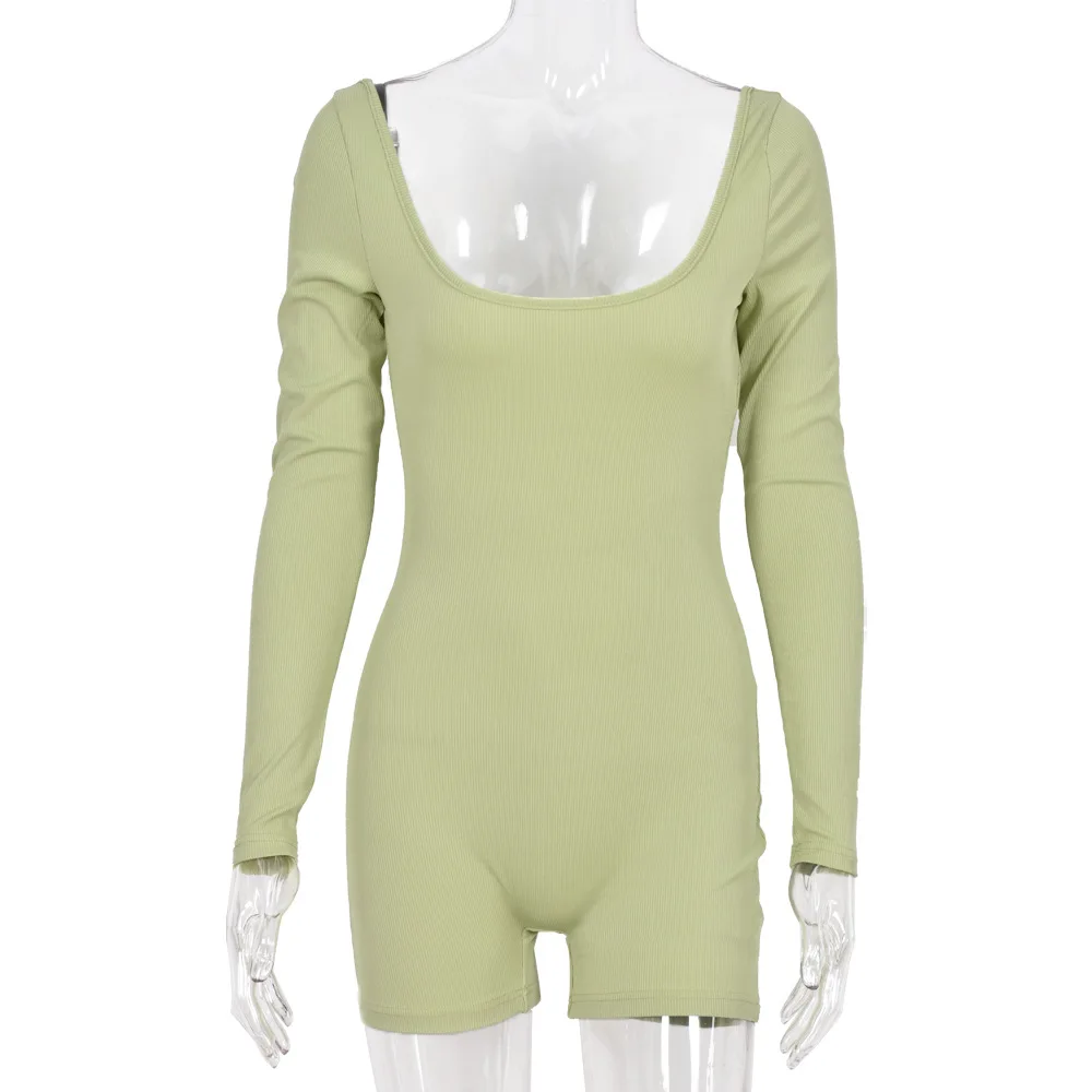 

Autumn new women's 2021 long sleeve tight sexy hollow out back U neck casual jumpsuit shorts