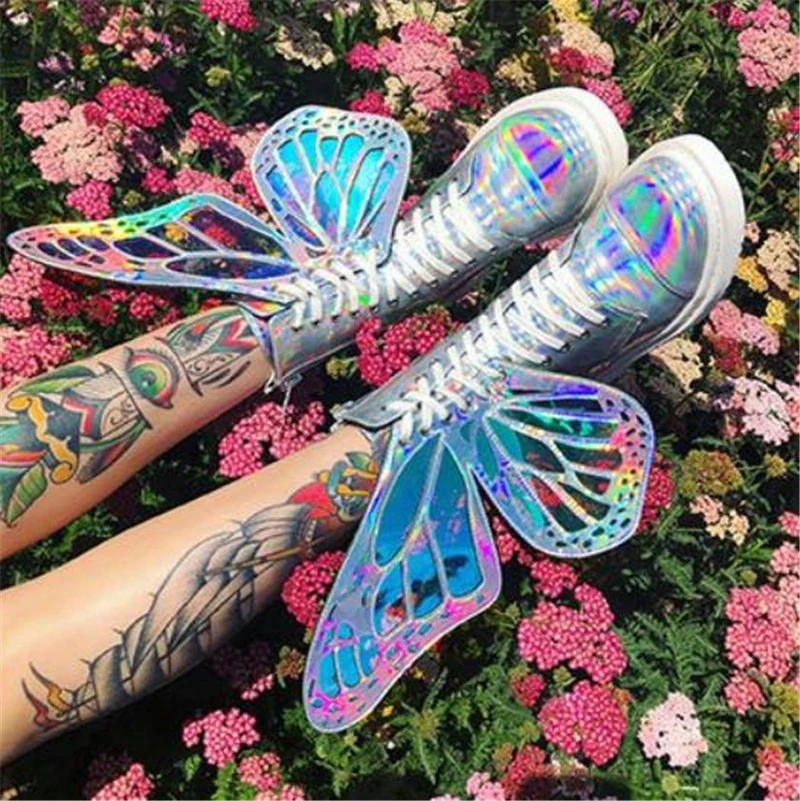 

Shiny Laser Walking Butterfly-wing Ankle Boots Women Bling Sequins Round Toe Cross-tied Martin Boots Thick Heel Runway Botas