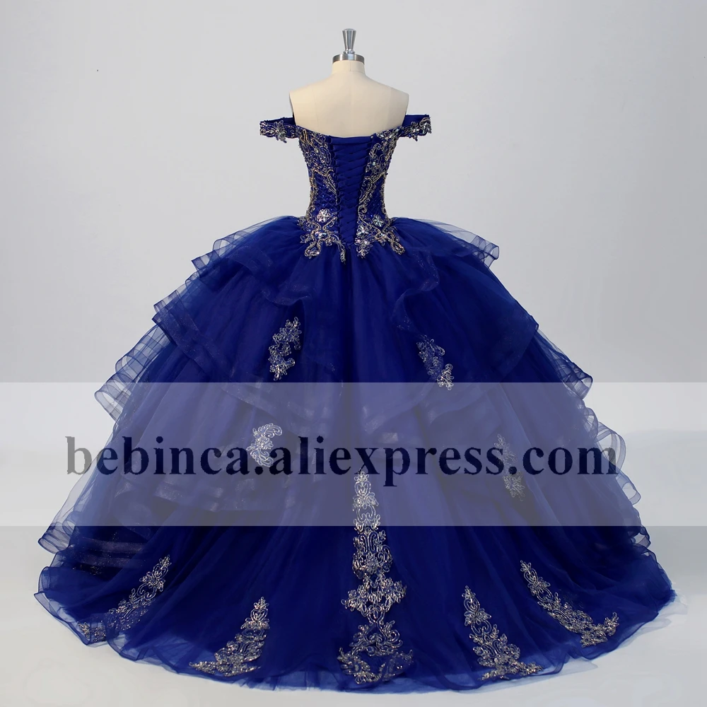 

2021 Quinceanera Dresses Ball Gown Special Occasion Gold With Blue Appliques Sweet 15 16 Dress Gala Gown Custom Color Size
