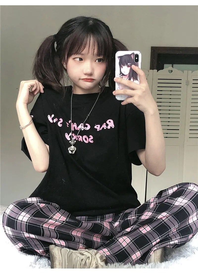 Black and pink Plaid pants Oversize New Women Casual Loose Wide Leg Trousers Ins Retro Teens Straight Hiphop Streetwear | Женская одежда