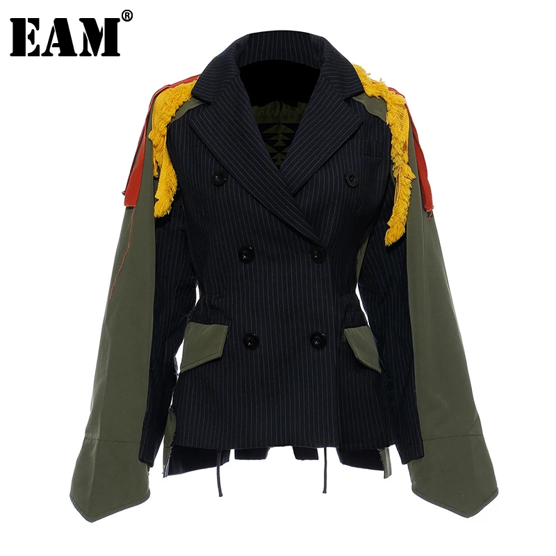

[EAM]Big Size Striped Contrast Color Pattern Print Jacket New Lapel Ribbon Loose Fit Women Coat Fashion Spring Autumn 2022 JZ521