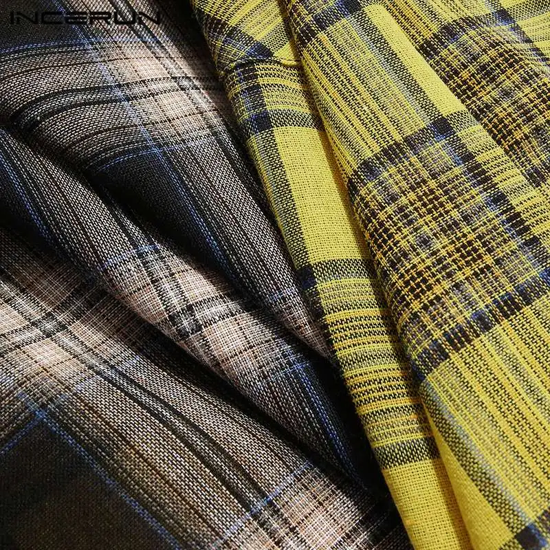 

2021 Fashion Men Casual Shirt Plaid Patchwork Lapel Loose Long Sleeve Camisas Breathable Cotton Streetwear Button Blouse INCERUN