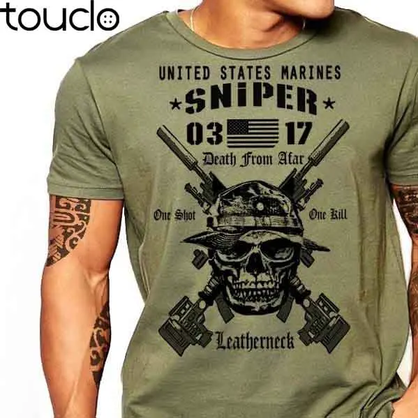 Hot sale USMC Scout Sniper T-Shirt US Marines MOS 0317 Combat Arms Men Cotton Tee New1 (Military Green)