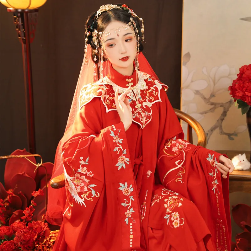 

(Красный макияж) сафлоровое женское платье ханьфу длинное платье с воротником-стойкой, плиссированная юбка на талии, танцевальное платье с ...