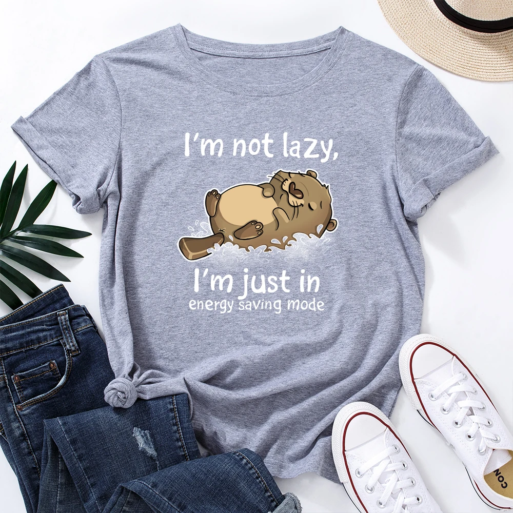 

WK Women Cotton T-Shirts Graphic Tee Female Summer Short Sleeve Tops Tees Cute Animal Bear I'm Not Lazy Letter Print Shirts