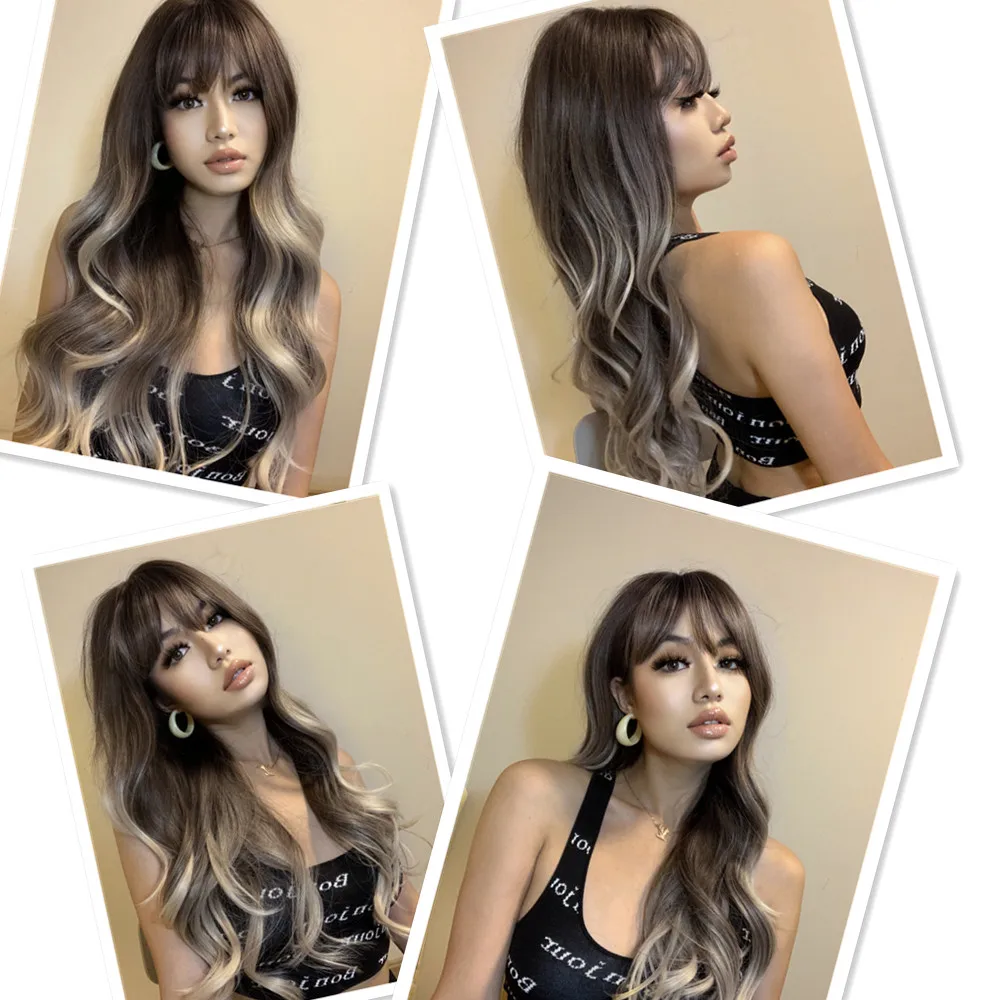 Длинные волнистые синтетические парики с челкой для женщин жаропрочные