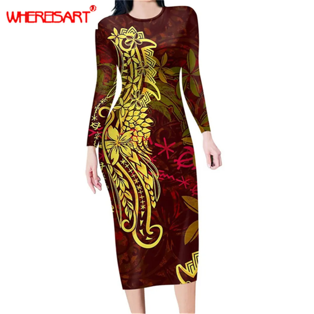 

WHEREISART Polynesian Tribal Design Bodycon Midi Dress Sexy Evening Party Club Long Sleeve Dress Samoan Plumeria Print Vestidos