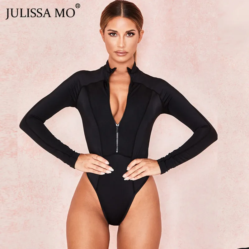 Julissa mo, черный облегающий боди с длинным рукавом, женские топы, модные базовые облегающие Комбинезоны на молнии,, Женский Повседневный эластичный комбинезон