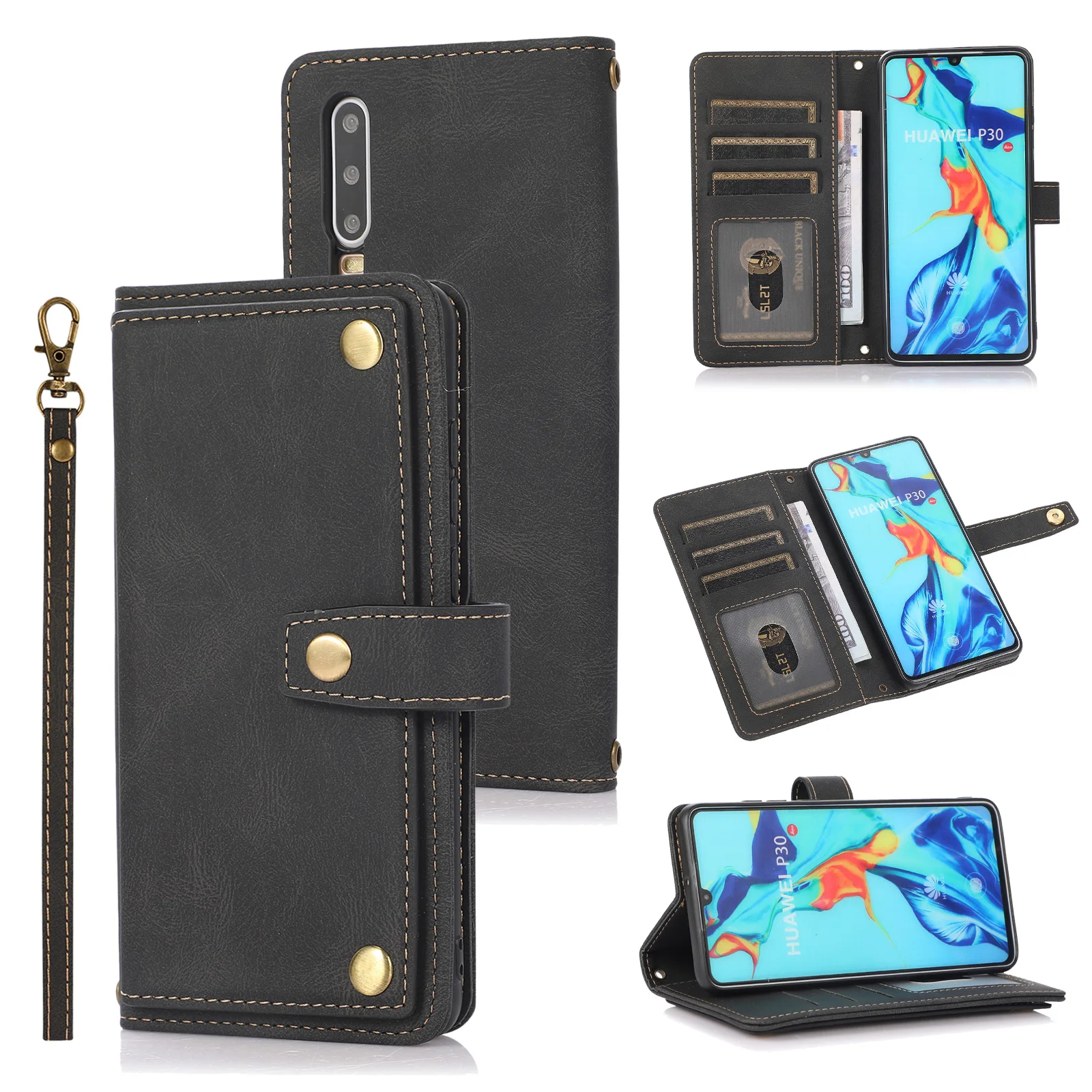 

Pu Leather Flip Phone Case For Huawei P30 Pro Wallet Card Slots Stand Cover For Huawei P30 Lite TPU Liner Case With Lanyard