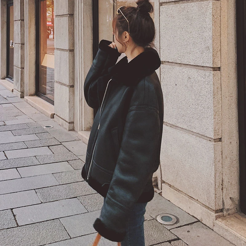 

Unua amo PU Leather Winter Jacket Women Thick Warm Plush Outwear Fashion High Quality Faux Leather Black Moto Biker Basic Coat