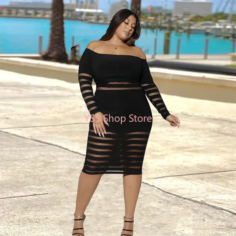 

New Plus Size Dresses Long Sleeve Women Transparent Mesh Dress Slash Neck Off Shoulder Black Dress