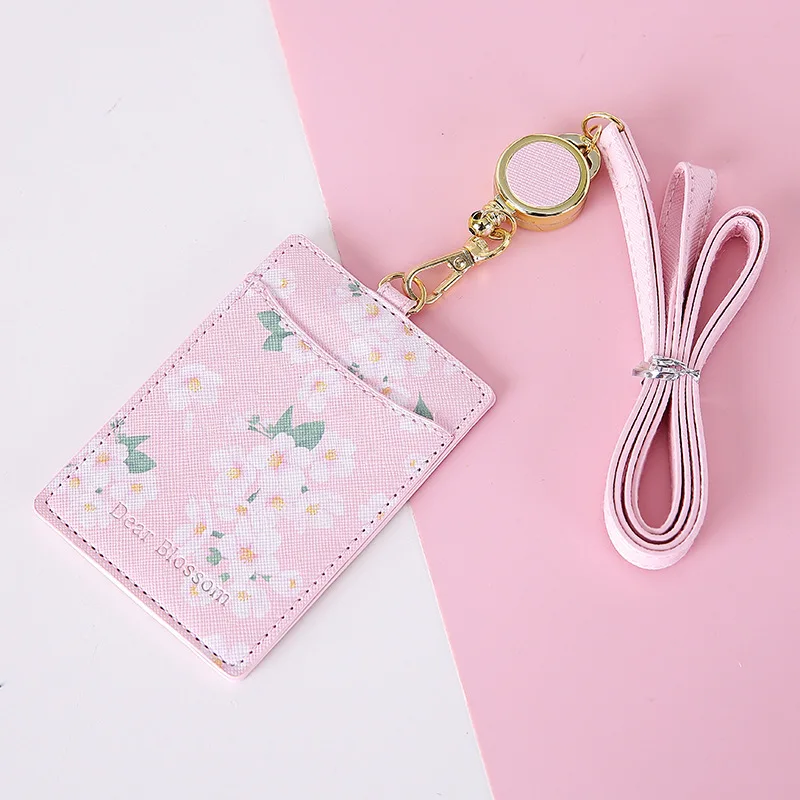 

Newest Baeutiful Flowers 2 Bits Shaped Named Card Holder Identity Badge Reel With Lanyard PU Neck Strap Card Bus ID IC Holders