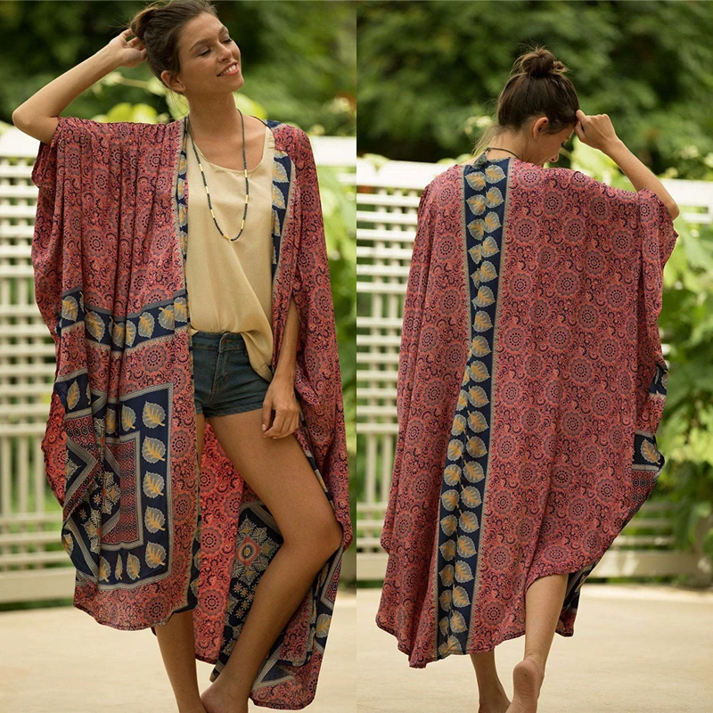 

Для женщин сексуальный принт размера плюс пляжное длинное кимоно кардиган Туника пляжная одежда топы и блузка спереди Открытое платье Паре...