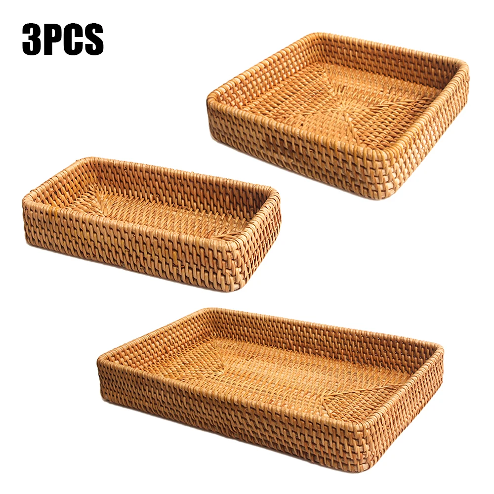

3pcs Hand-Woven Wicker Basket High Wall Severing Tray Food Storage Tray Home Cafe Rattan Breakfast Drink Snack Display Platter