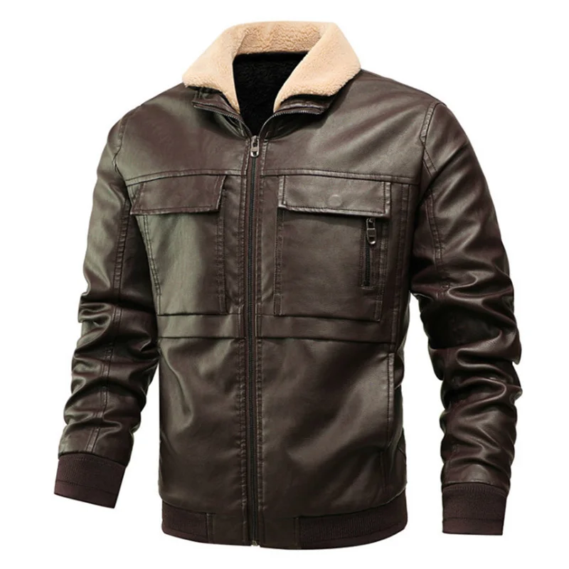 

2020 New Autumn Winter Leather Jacket Men Fur Collar Motorcycle Leather Jacket Multi-pocket Fleece Men Leather Jackets Coats