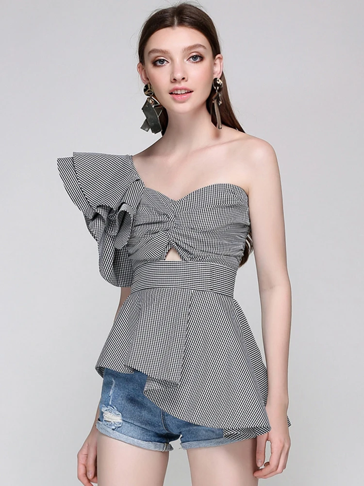 Женская Асимметричная рубашка Zou плиссированная клетчатая в виде листьев лотоса