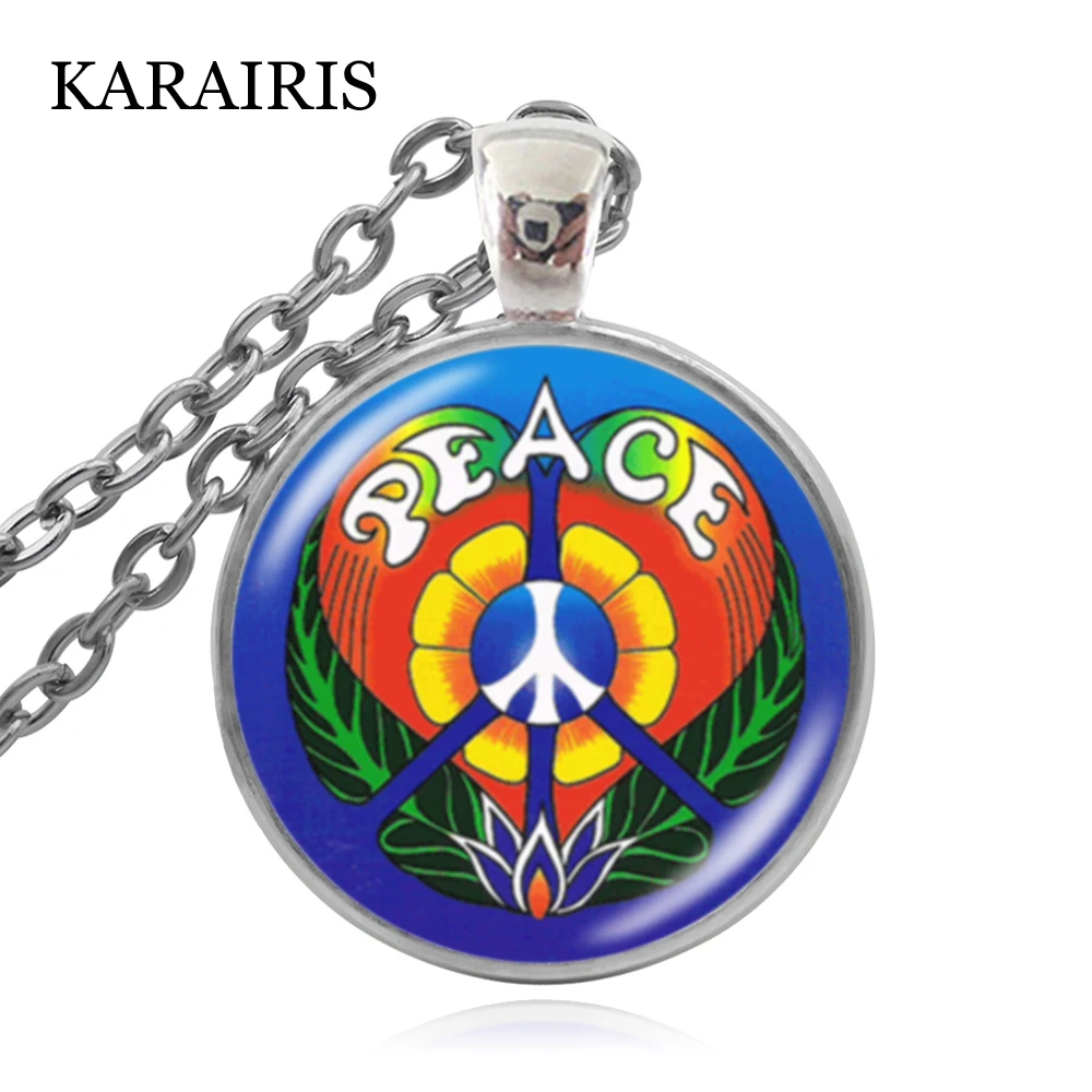 

KARAIRIS Hot sale Hippie Necklace Sign Peace Pendant Jewelry Glass cabochon Necklaces Art gift for Women Men Dress Accessories