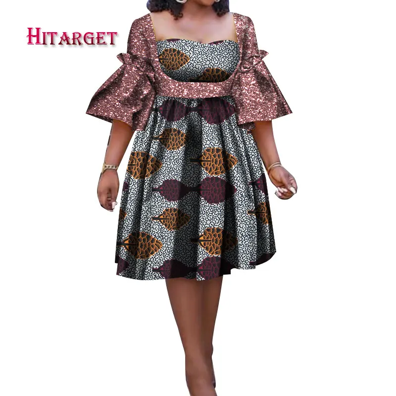 

2021 Summer African Print Lady Maxi Dress Knee Length 1/2 Sleeve Party/Evening Dresses Plus Size African Women Clothing WY340