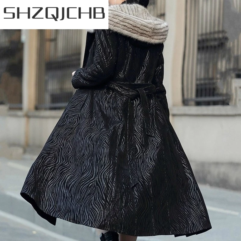

JCHB 2021 Winter Thicken Sheepskin Coat Office Ladies Fashion Mink Fluff Hooded Genuine Leather Overcoat Vintage Printed Women L