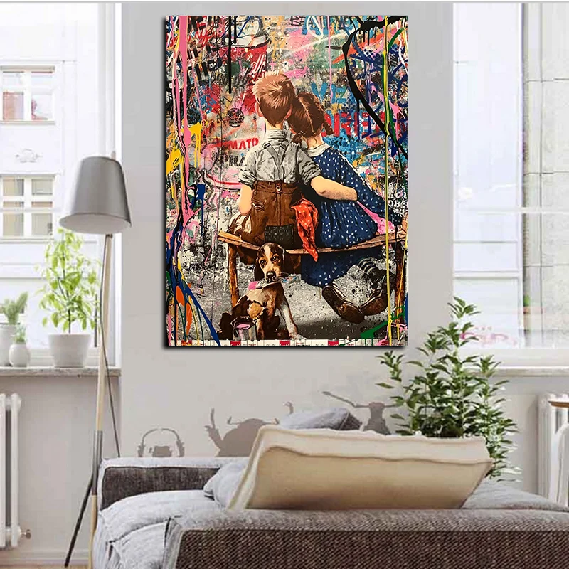 Граффити мальчик поцелуй Девушка картина маслом живопись на холсте постер и