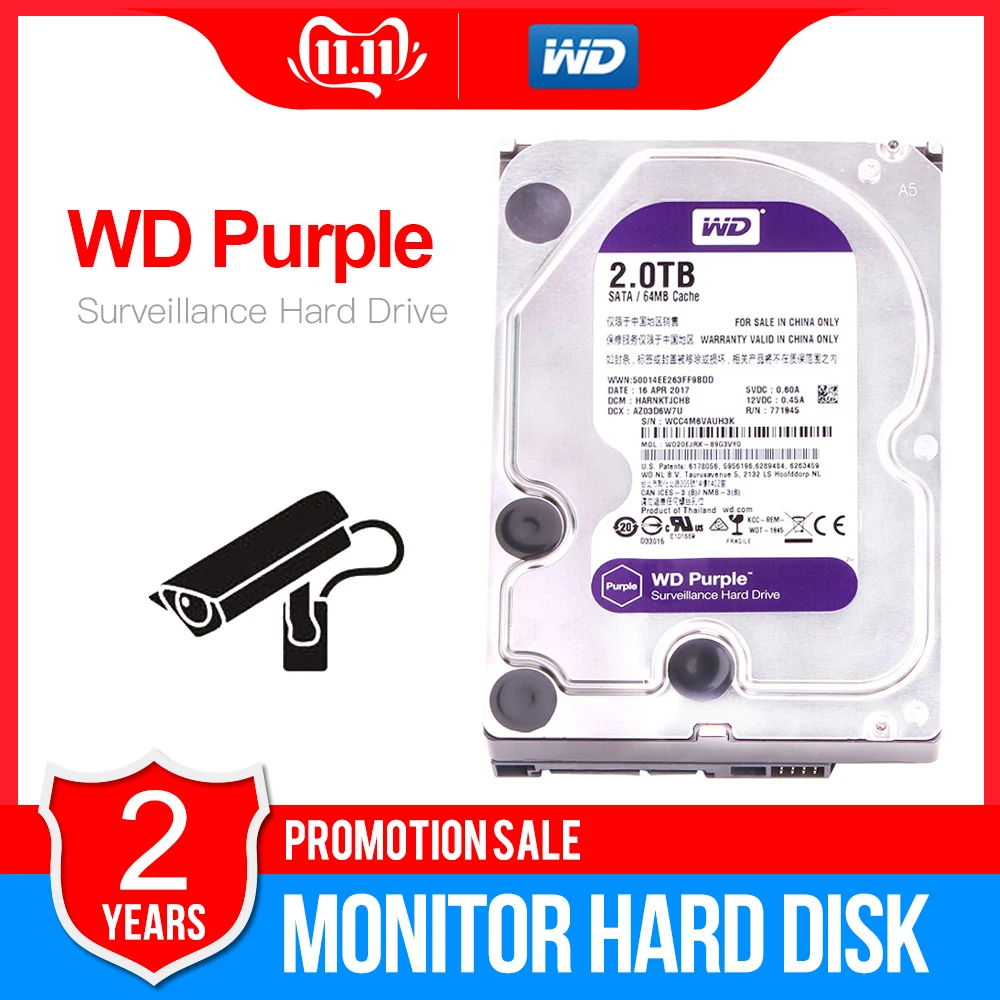 Western Digital WD фиолетовый 2 ТБ 3," HDD для наблюдения 64MB SATA 6 ГБ/сек. внутренний жесткий диск для видеорегистратора NVR WD20EJRX
