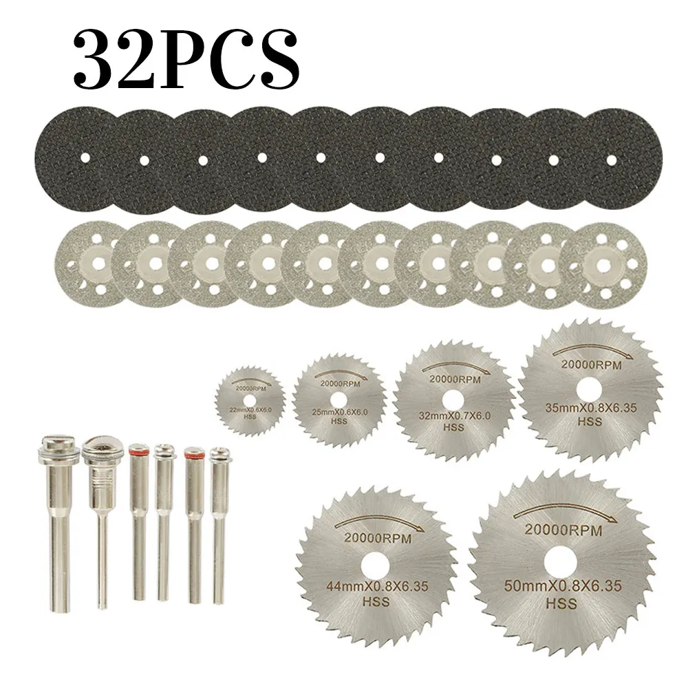Набор лезвий для мини-циркулярной пилы из быстрорежущей стали, 32 шт., полимерный отрезной диск для резки дерева, Алмазный металлический пильный диск, лезвия, электроинструменты для дрели Dremel