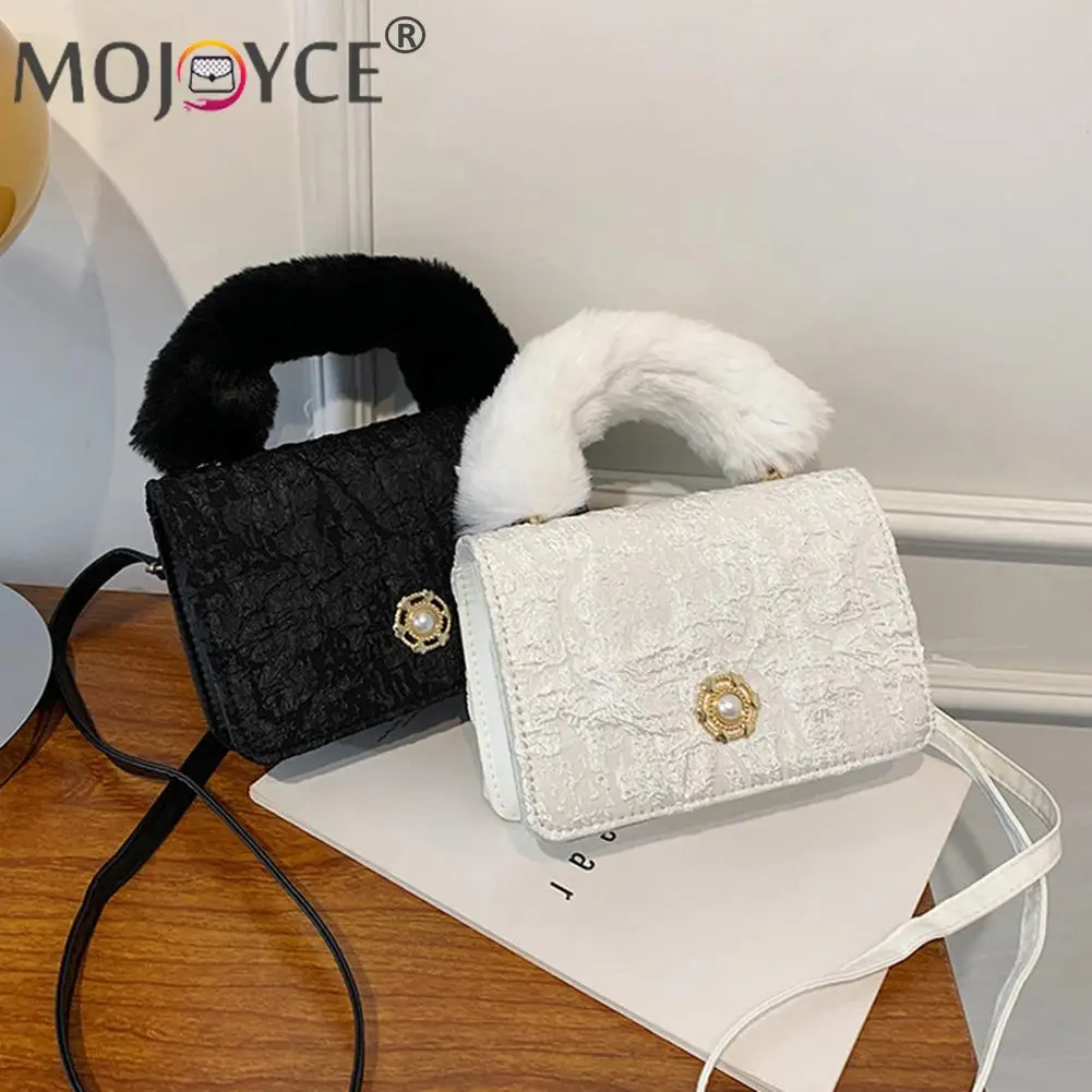 

Fashion Women Lace Shoulder Crossbody Bag with Soft Plush Handle Casual All-match Solid Color Warm Fabric Flap Mini Handbags