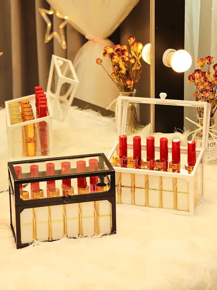 

Glass Lipstick Storage Box Makeup Organizer Lip glaze Nail Polish Display Stand Perfume Cosmetic Jewelry Storage Box Holder