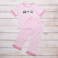 summer girls clothes pink short sleeve top and pink striped trousers green tractor and cotton embroidery toddler girl outfits