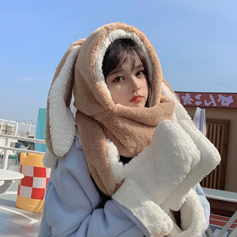 Sweet Cartoon Rabbit Ear Hat Cute Winter Gift Windproof Scarf and Gloves Set Cute Winter Thick Hoodies Scarf with Mitten