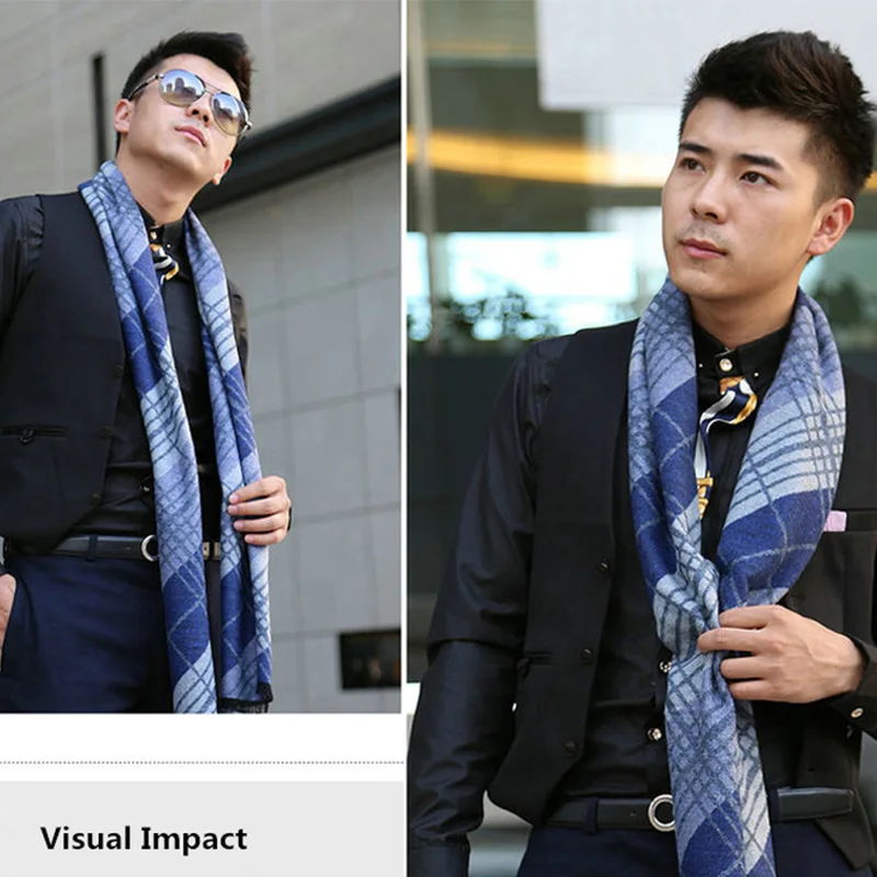 Роскошный зимний теплый шарф мужской классический деловой в полоску синий ворс