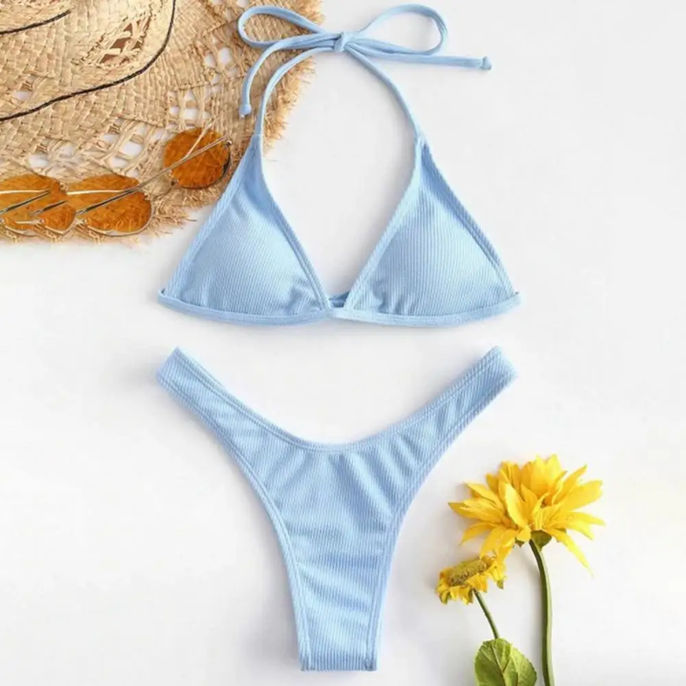 

2Pcs/Set Beach Swimsuit Solid Color Lace Up Polyester High Waist Two Piece Women Underwear for Summer