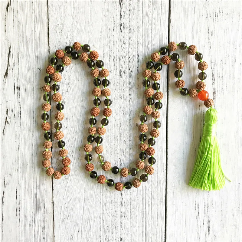 Ожерелье рудракша и смокикварц 108 Мала Бусы ожерелье с кисточкой ювелирные